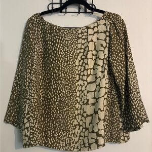 J. Crew Womens Silk Olive Cream‎ Giraffe Spot Top 3/4 Sleeve Square Neckline 12